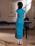 Traditional Chinese dress, blue color Qipao, mandarin collar