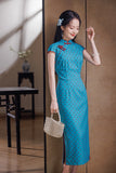 Traditional Chinese dress, blue color Qipao, mandarin collar