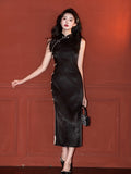 black sleek color qipao, sleeveless
