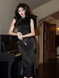 black sleek color qipao, sleeveless