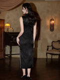black sleek color qipao, sleeveless