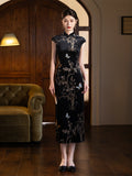 Modern Chinese qipao, Chinese Cheongsam, Ball Gowns, Long Evening Dress, black floral qipao