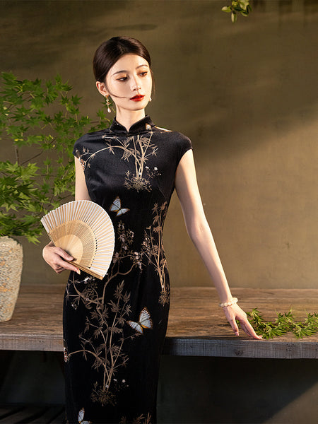 Modern Chinese qipao, Chinese Cheongsam, Ball Gowns, Long Evening Dress, black floral qipao