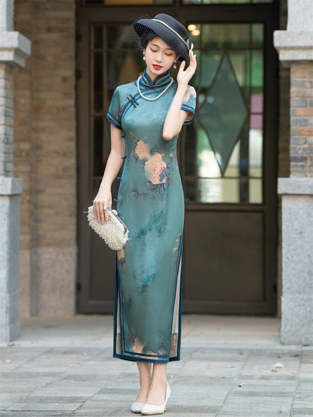 Blue Floral Print Silk Long Qipao Cheongsam Dress - IMALLURE 4XL Blue Floral Print Silk Long Qipao Cheongsam Dress - IMALLURE 4XL