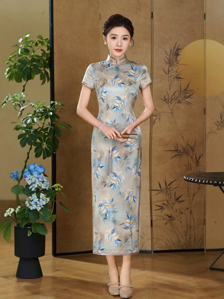 Modern Chinese Qipao, Mulberry Silk cheongsam,  Evening Dress, floral qipao