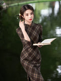 Modern Chinese Qipao, Evening Dresses, autumn qipao, plaid pattern qipao, 3/4 sleeve