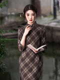 Modern Chinese Qipao, Evening Dresses, autumn qipao, plaid pattern qipao, 3/4 sleeve
