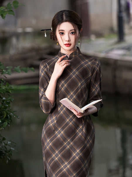 Modern Chinese Qipao, Evening Dresses, autumn qipao, plaid pattern qipao, 3/4 sleeve