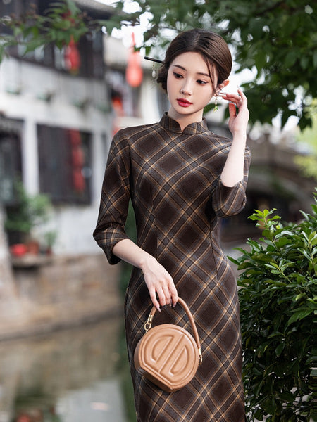 Modern Chinese qipao, Evening Dresses, autumn qipao, plaid pattern qipao, 3/4 sleeve Modern Chinese qipao, Evening Dresses, autumn qipao, plaid pattern qipao, 3/4 sleeve