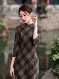 Modern Chinese Qipao, Evening Dresses, autumn qipao, plaid pattern qipao, 3/4 sleeve