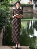 Modern Chinese Qipao, Evening Dresses, autumn qipao, plaid pattern qipao, 3/4 sleeve