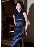 Modern Chinese Qipao, Cheongsam Dress, Evening Dress, navy jacquard qipao