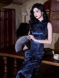 Modern Chinese Qipao, Cheongsam Dress, Evening Dress, navy jacquard qipao