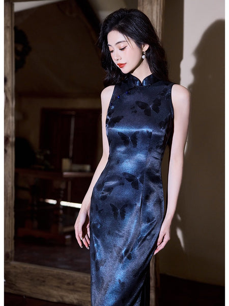 Modern Chinese Qipao, Cheongsam Dress, Evening Dress, navy jacquard qi – QipaoMood Modern Chinese Qipao, Cheongsam Dress, Evening Dress, navy jacquard qi – QipaoMood