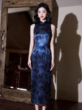 Modern Chinese Qipao, Cheongsam Dress, Evening Dress, navy jacquard qipao