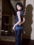 Modern Chinese Qipao, Cheongsam Dress, Evening Dress, navy jacquard qipao