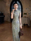 Traditionelles chinesisches Kleid, chinesisches Cheongsam, Ramie-Qipao, helles Sommer-Qipao, Blumendrucke, kurze Ärmel, Stehkragen