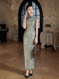 Traditionelles chinesisches Kleid, chinesisches Cheongsam, Ramie-Qipao, helles Sommer-Qipao, Blumendrucke, kurze Ärmel, Stehkragen