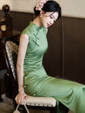 Chinese Cheongsam, green qipao, Sleeveless summer qipao