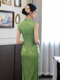 Chinese Cheongsam, green qipao, Sleeveless summer qipao