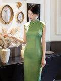 Chinese Cheongsam, green qipao, Sleeveless summer qipao