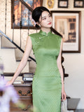 Chinese Cheongsam, green qipao, Sleeveless summer qipao