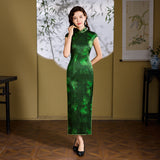 Modern Chinese Qipao, Mulberry Silk Cheongsam,  green jacquard dress, Evening Dress