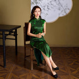 Modern Chinese Qipao, Mulberry Silk Cheongsam,  green jacquard dress, Evening Dress