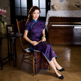 Qipao chinois moderne, cheongsam en soie de mûrier, robe de soirée, qipao couleur indigo