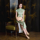 Modern Chinese Qipao, Mulberry Silk cheongsam, light green, Evening Dress, mandarin collar