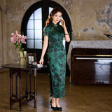Mulberry Silk cheongsam, green floral color, Evening Dress, mandarin collar
