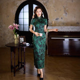 Mulberry Silk cheongsam, green floral color, Evening Dress, mandarin collar