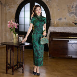 Mulberry Silk cheongsam, green floral color, Evening Dress, mandarin collar