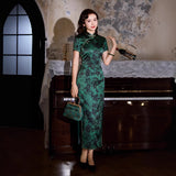 Mulberry Silk cheongsam, green floral color, Evening Dress, mandarin collar