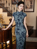 Modern Chinese qipao, Chinese Cheongsam, Ball Gowns, Long Evening Dress, blue floral qipao