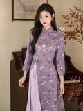 Modern Aodai, purple aodai qipao, flower pattern, long sleeve