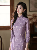 Modern Aodai, purple aodai qipao, flower pattern, long sleeve