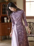 Modern Aodai, purple aodai qipao, flower pattern, long sleeve
