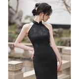 Traditional Chinese dress, Cheongsam Dress, Evening Dress, black jacquard, halter neck