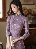 Modern Aodai, purple aodai qipao, flower pattern, long sleeve