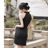 Traditional Chinese dress, Cheongsam Dress, Evening Dress, black jacquard, halter neck