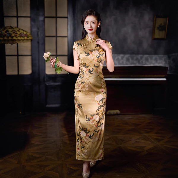 chinese collar silk dress Sage Blue Silk Cheongsam Dress | Ink Floral Print Long Qipao with Mandarin Collar