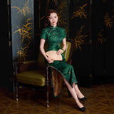 Modern Chinese Qipao dress, Mulberry Silk cheongsam, green color, evening qipao