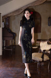 Modern Chinese Qipao, Chinese Cheongsam, black floral qipao, Long Evening Dress, mandarin collar