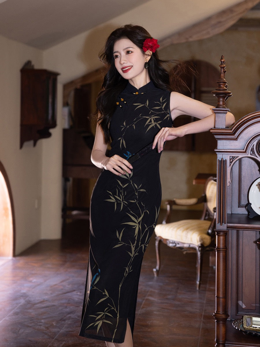 Modern Chinese Qipao, Chinese Cheongsam, Black floral Qipao, Long Evening Dress, mandarin collar L