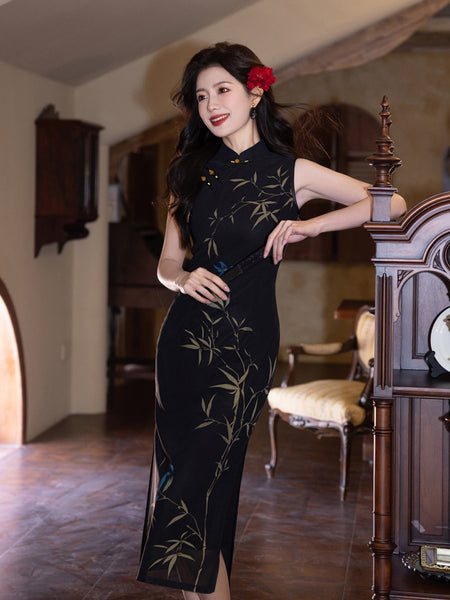 Modern Chinese Qipao, Chinese Cheongsam, black floral qipao, Long Even QipaoMood Modern Chinese Qipao, Chinese Cheongsam, black floral qipao, Long Even QipaoMood