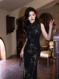 Modern Chinese Qipao, Chinese Cheongsam, black floral qipao, Long Evening Dress, mandarin collar