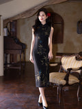 Modern Chinese Qipao, Chinese Cheongsam, black floral qipao, Long Evening Dress, mandarin collar