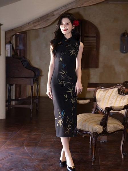 Modern Chinese Qipao, Chinese Cheongsam, Black floral Qipao, Long Evening Dress, mandarin collar L Modern Chinese Qipao, Chinese Cheongsam, Black floral Qipao, Long Evening Dress, mandarin collar L