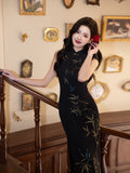 Modern Chinese Qipao, Chinese Cheongsam, black floral qipao, Long Evening Dress, mandarin collar
